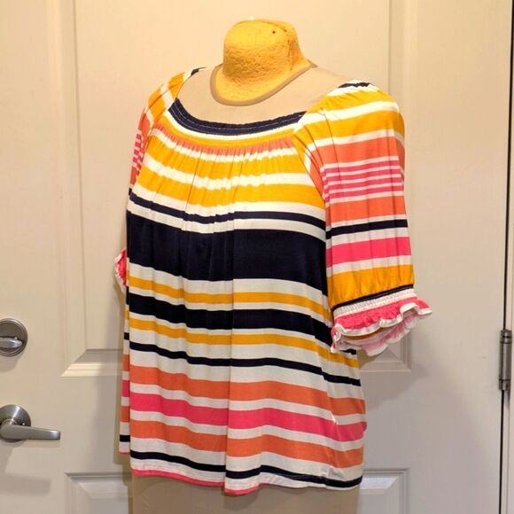 $5 Item! NWT LuLaRoe 2XL Lily Square Neck Top In Pink Blue and Yellow Stripes - Picture 2 of 8